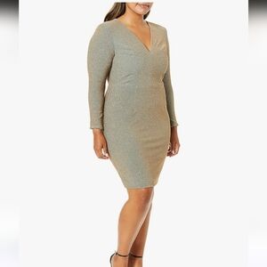 Dress the Population Riley Gold Long Sleeve Plunging Short Cocktail Dress 3x